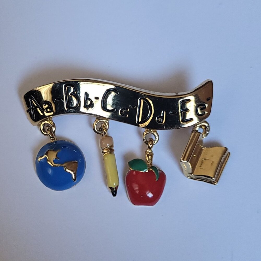 TC Vintage Colorful Dangling School-Theme Charms Gold Tone Brooch